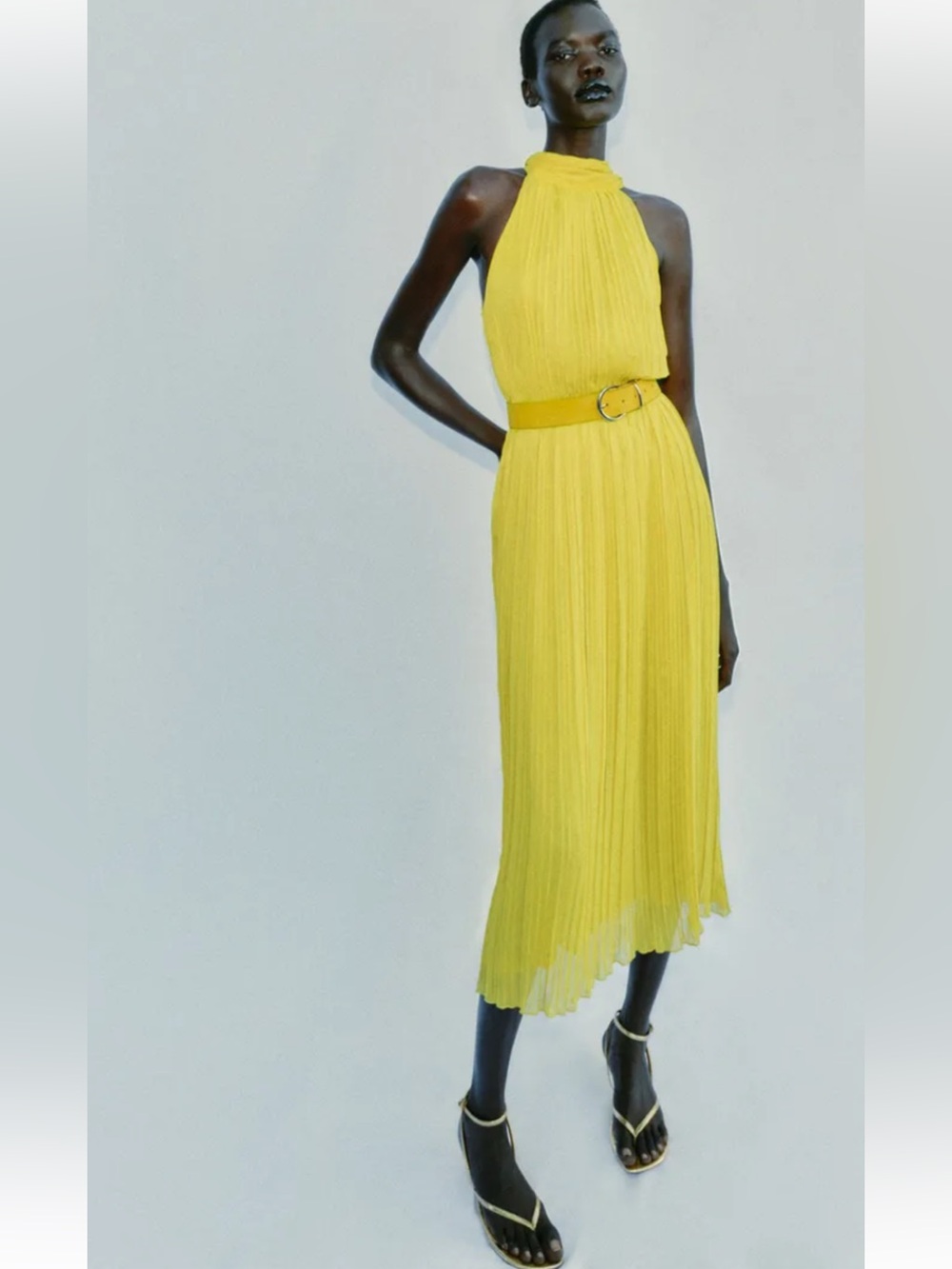 Zara Sleeveless Lime Green Pleated Midi Dress with Belt